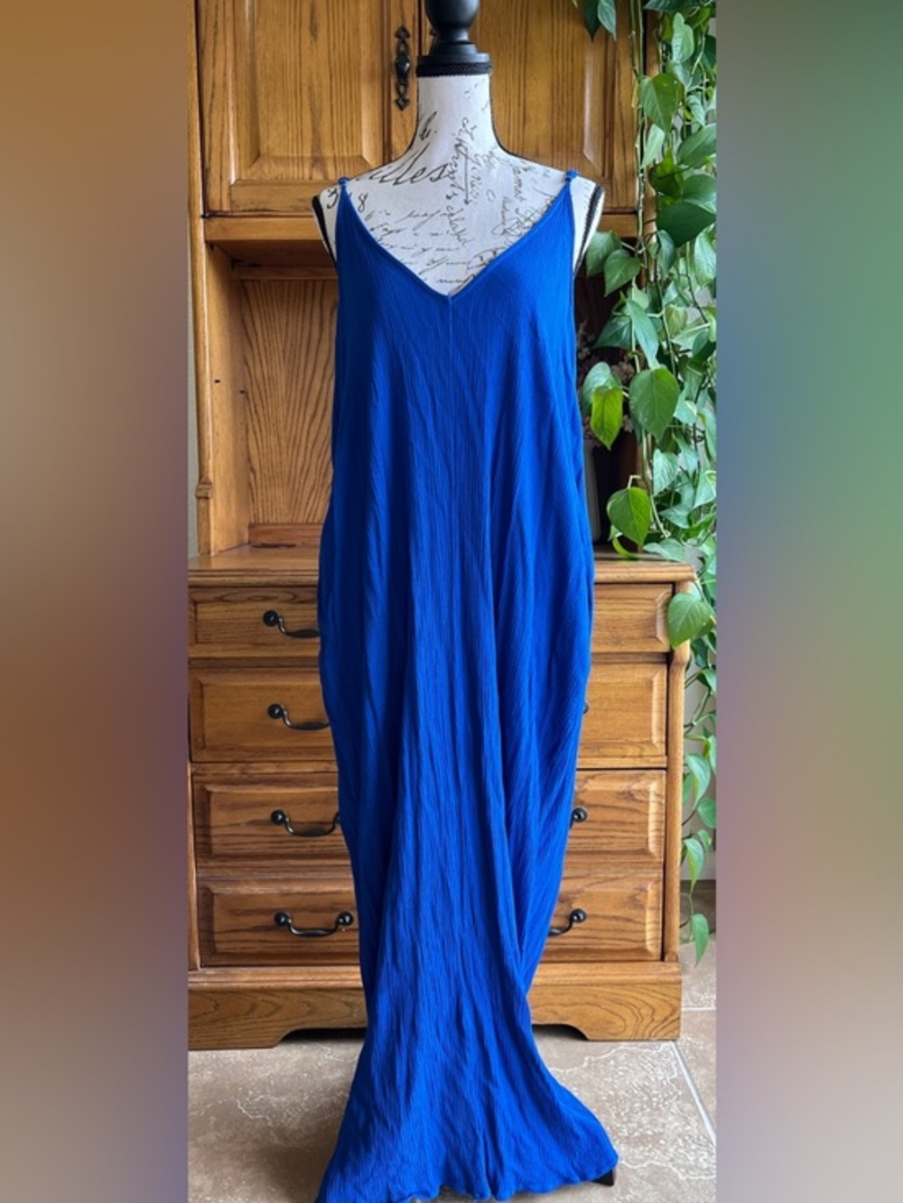 Lovestitch Cobalt Blue Textured Gauze Maxi Dress Adjustable Straps‎ Pockets M/L